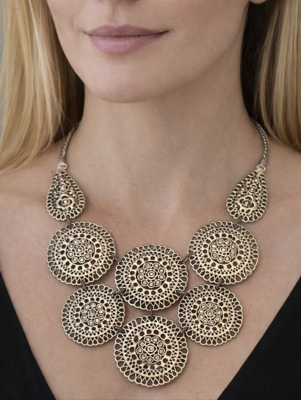 Vintage Filigree Statement Necklace With Rhinestones Teardrops 6 Medallion Boho